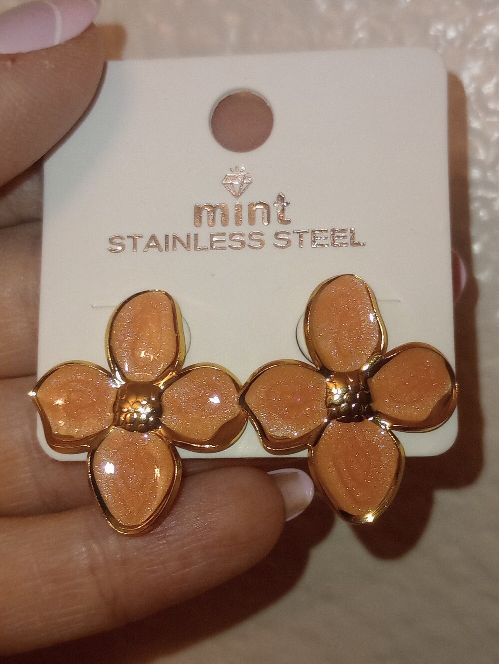 Mint Peach Enamel Flower Stud Stainless Steel Earrings with Gold Trim
